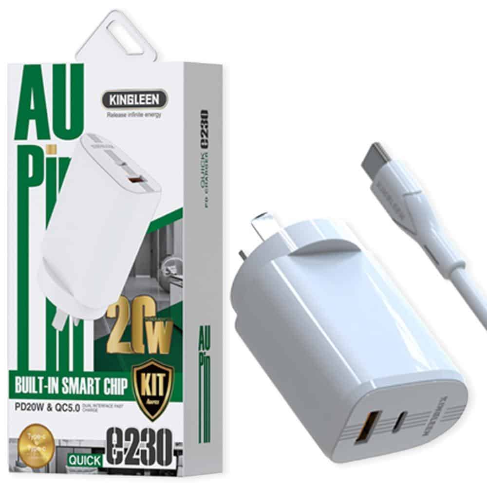 KINGLEEN (e230) SAA Certified 20W QC3.0 PD+USB  Wall Plug Adapter+PD Type C to Type C Cable KINGLEEN (e230) SAA Certified 20W QC3.0 PD+USB  Wall Plug Adapter+PD Type C to Type C Cable